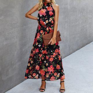 Halter Neck Floral Print Maxi A-line Dress