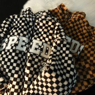 Lettering Checkerboard Zip-up Fleece Jacket