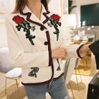 Flower-embroidered Contrast-trim Jacket