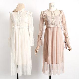Lace Panel Long Sleeve Pleated Dress With Slipdress