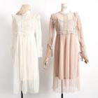 Lace Panel Long Sleeve Pleated Dress With Slipdress
