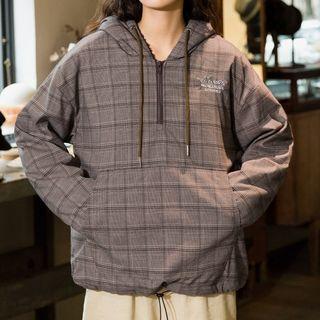 Fleece-lined Lettering Embroidered Plaid Half-zip Hoodie