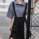 Letter Embroidered Elbow-sleeve Collared Dress / Mini Suspender Skirt