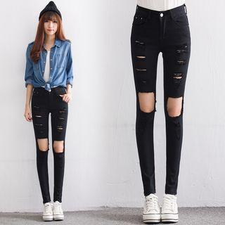 Distressed Tie-waist Sheath Jumper Denim Jeans