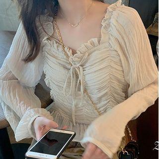 Long-sleeve Ruched Chiffon Top