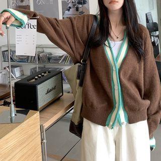 Contrast Trim V-neck Cardigan Coffee - One Size
