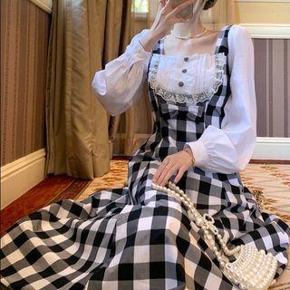 Mock Two-piece Gingham Long-sleeve Midi Dress