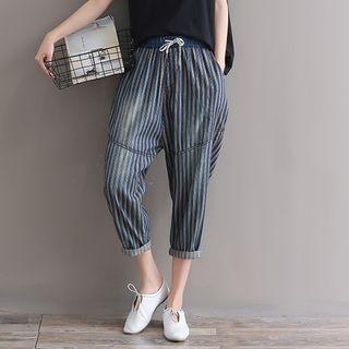 Drawstring Waist Striped Cropped Jeans