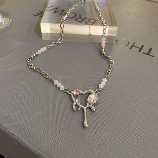 Melting Heart Rhinestone Alloy Necklace 1pc - Silver & Light Pink - One Size