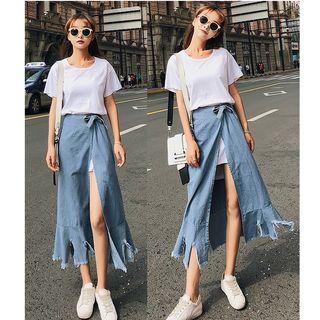 Set: Short-sleeve T-shirt Dress + Ripped Midi Denim Skirt