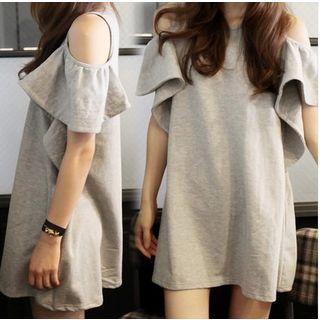 Cutout Shoulder Ruffled Tunic