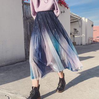 Accordion-pleat Gradient Mesh Midi A-line Skirt Purple - One Size