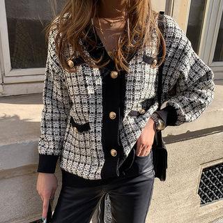 Metal-button Ringer Tweed Cardigan Black - One Size