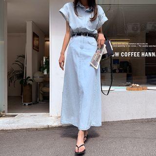 Denim Shirt & Long Skirt Set With Belt