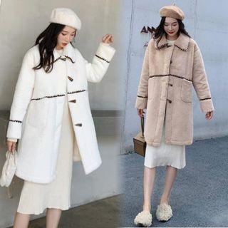 Faux Fur Collared Toggle Coat / Rib Knit Midi Dress