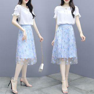 Set: Flared-cuff Blouse + Floral Embroidered A-line Skirt