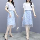 Set: Flared-cuff Blouse + Floral Embroidered A-line Skirt