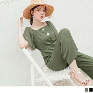 Flutter-sleeve Buttoned Chiffon Jumpsuit
