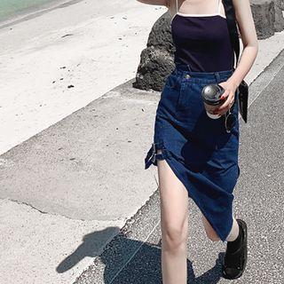 High Waist Buckled Asymmetrical Denim Skirt