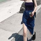 High Waist Buckled Asymmetrical Denim Skirt