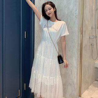 Short-sleeve Sequined Midi Mesh Dress White - One Size