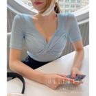 V Neck Plain Bow Short-sleeve Top