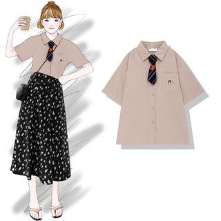 Elbow-sleeve Tie-neck Shirt As Shown In Figure - One Size