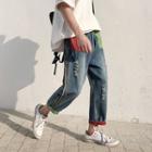 Color Block Distressed Cropped Straight-fit Jeans