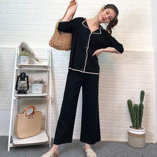 Set: 3/4-sleeve Cardigan + Knit Wide Leg Pants