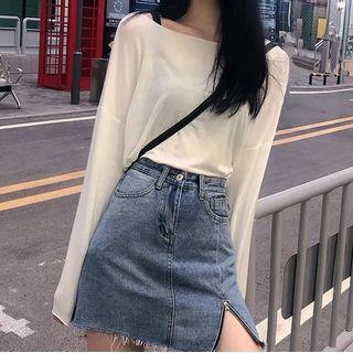Set: Off-shoulder Plain Top + Denim Mini Fitted Skirt