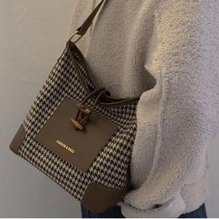 Patterned Panel Faux Leather Bucket Bag