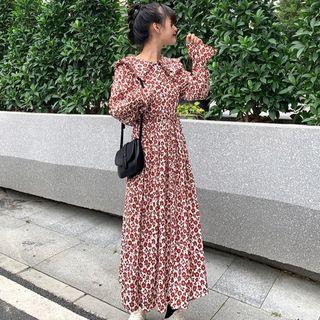 Long-sleeve Floral Print Midi Chiffon Dress Red - One Size