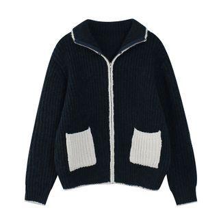 Lapel Color Block Zip Cardigan