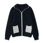 Lapel Color Block Zip Cardigan