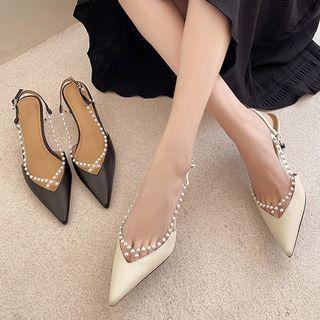 Kitten Heel Faux Pearl Strap Slingback Sandals