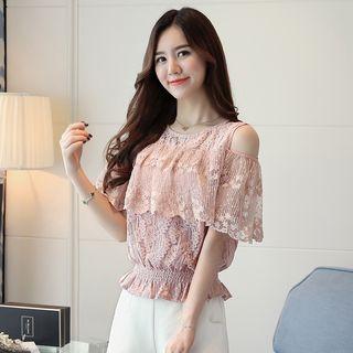 Lace Cut Out Shoulder Short Sleeve Chiffon Top