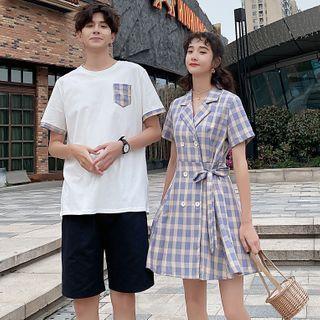 Couple Matching Plaid Short-sleeve Collared A-line Dress / Short-sleeve T-shirt / Shorts