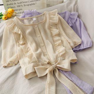 Ribbon-hem Ruffled Crop Blouse