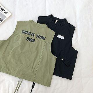 Lettering Print Single-breasted Sleeveless Cargo Jacket