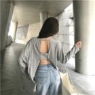 Plain Open-back Loose-fit Long-sleeve T-shirt