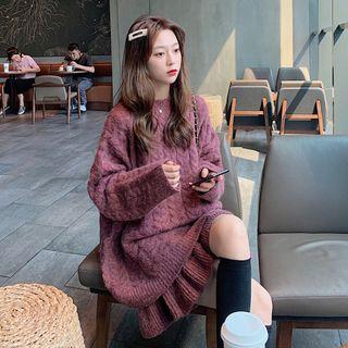 Set: Cable Knit Sweater + Ruffled Hem A-line Skirt