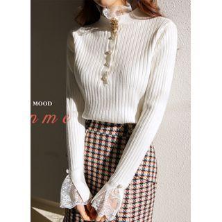 Lace-trim Faux-pearl Rib-knit Top