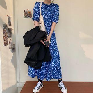 Balloon-sleeve Floral Print Shirred Midi A-line Dress Blue - One Size