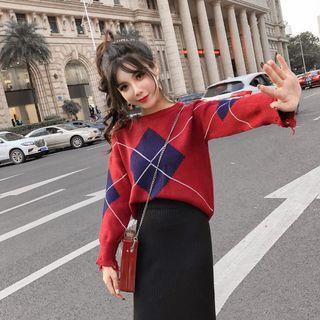 Set: Diamond Check Sweater + Midi Skirt Sweater - Red & Blue - One Size / Skirt - Black - One Size