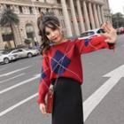 Set: Diamond Check Sweater + Midi Skirt Sweater - Red & Blue - One Size / Skirt - Black - One Size