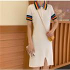 Striped Short-sleeve Knit Polo Shirt Dress As Shown In Figure - One Size