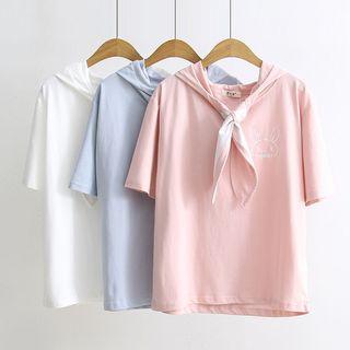 Hooded Short-sleeve T-shirt / Lettering Elbow-sleeve T-shirt