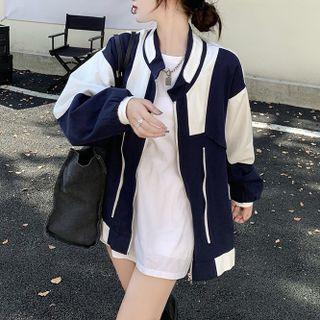 Loose-fit Colorblock Baseball Jacket Blue & White - One Size