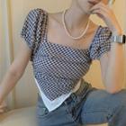 Short-sleeve Gingham Asymmetrical Cropped Blouse
