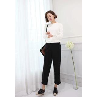 Crew-neck Button-cuff Knit Top